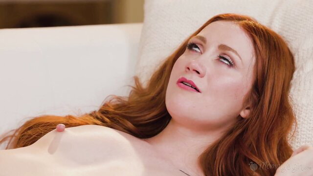 Redhead Scarlet Skies topless with Serene Siren in hot milf sofa action