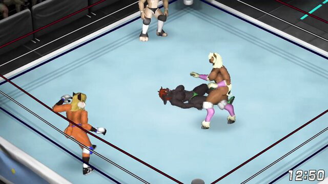 Triple threat furry wrestling match with orange catgirl pinning demon girl