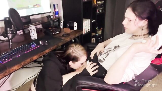 Paige Turner lactating on trans lesbian Willow under desk blowjob