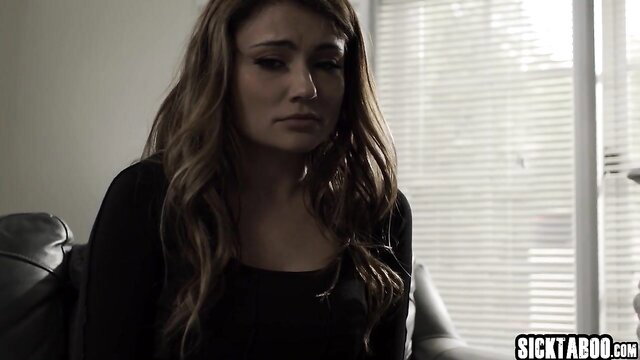 Adria Rae as submissive babysitter crying for boss, closeup