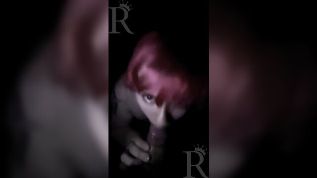 Razzbury deepthroating cock in risky outdoor scene, nearly caught