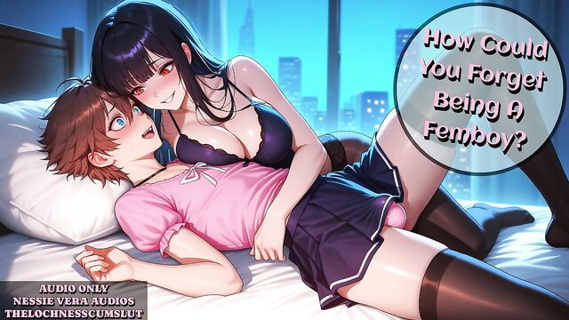 Nessie Vera seduces femboy in lingerie on bed, erotic femboy audio preview