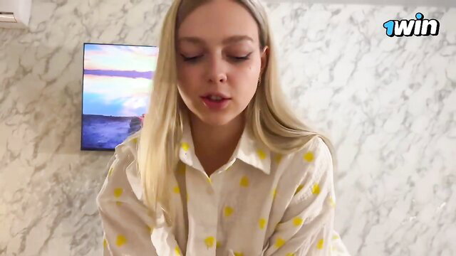 Arisha Mills blonde amateur in yellow polka dot shirt fetish trailer