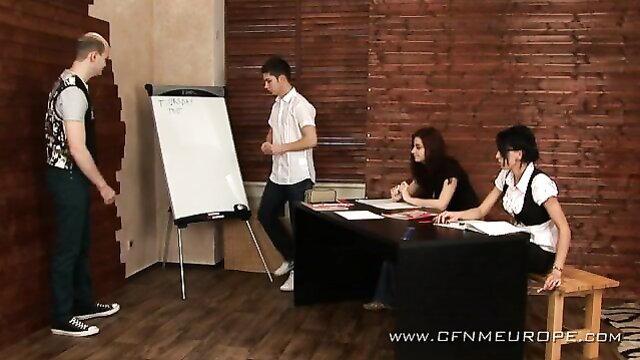 CFNM femdom busty brunettes jerk submissive cock at desk