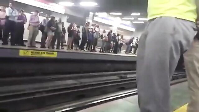 Str8 security guy massive bulge in tight pants on crowded metro platform