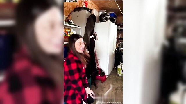 Myla Del Rey in plaid shirt in garage, nude creampie leak