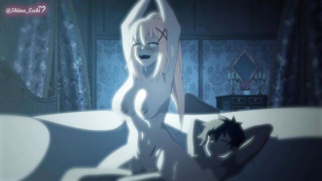 Pale anime knight girl with white hair rides cock reverse cowgirl in JAV hentai