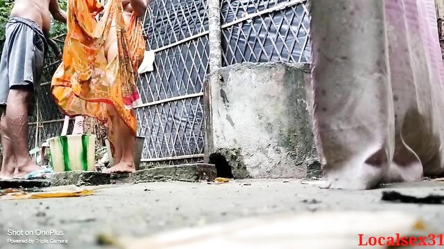 Indian wife outdoor bath with men, saree tease by Localsex31