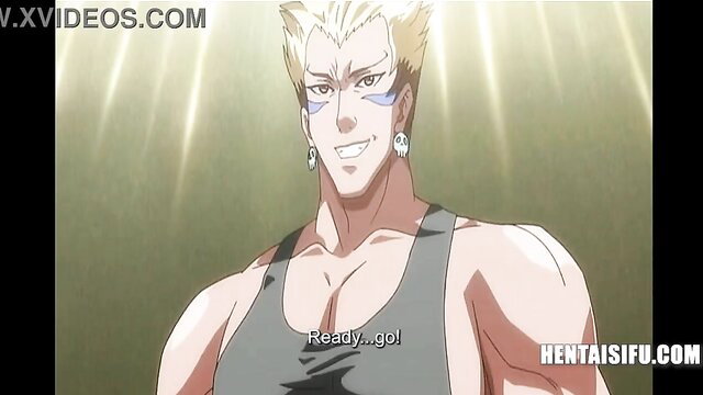 Muscular blonde anime hunk in tank top smirks ready to go