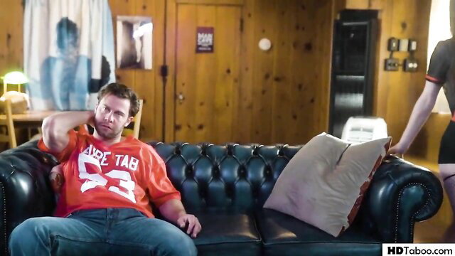 Charly Summer in tight black mini dress seduces stepdad on couch