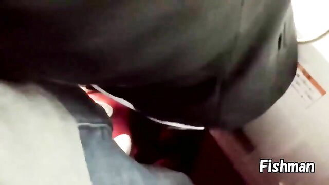 Fishman POV closeup of woman's red high heels and jeans in car footjob