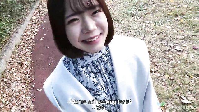 Ayumi Japanese uni student smiling on Tenshigao casting couch walk