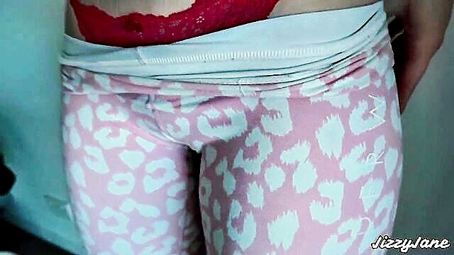 Fitness babe JazzyLane teases red panties over leopard leggings