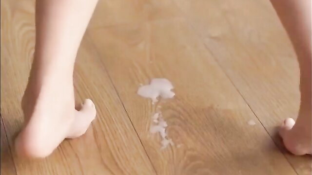 Closeup of bare feet over creamy cum spill on floor from creampie drip