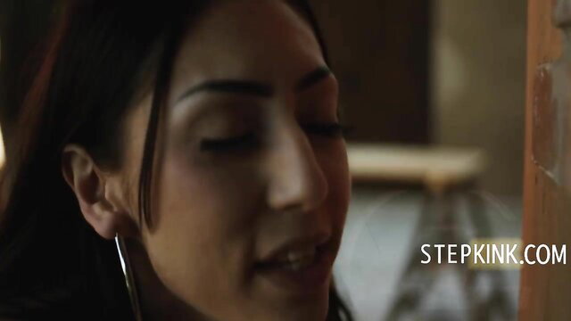 Closeup of aroused Arab brunette eyeing stepbro's good dick, Codey Steele