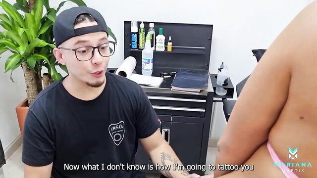 Mariana Martix topless with tattoo artist in studio