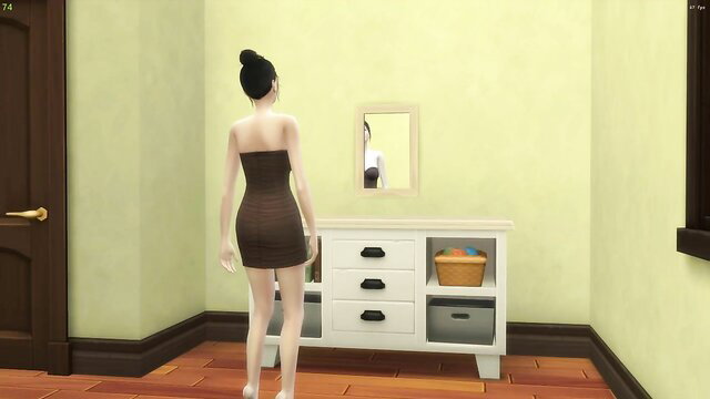 Japanese woman in tight brown mini dress, bare back and legs, standing nude ass view