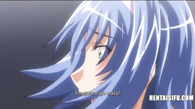 Blue-haired anime catgirl with intense eyes saying 'I'm gonna go crazy'