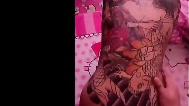 Asian tattooed babe in pink lingerie shows off koi back tattoo