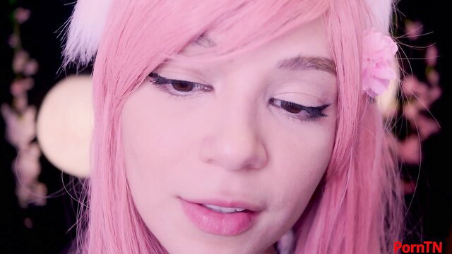 Maimy ASMR as innocent pink-haired fox girl in seductive closeup