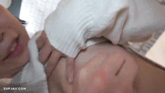 Japanese big areola college girl in sparkly white sweater, close-up neck grab