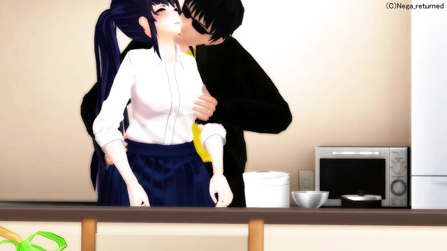 Purple-haired JAV schoolgirl MIOKA SORAJO kissing guy passionately in kitchen