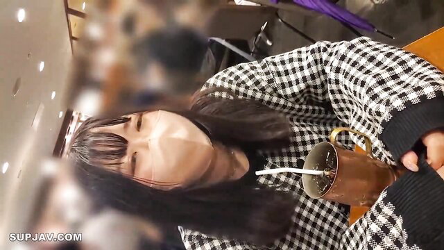 Asian amateur JAV girl in checkered coat sips drink, sleepy eyes POV