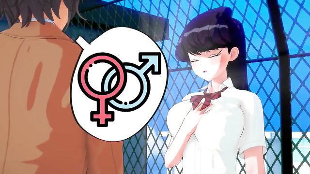 Komi-san anime girl in school uniform with sex symbols, teasing guy at fence