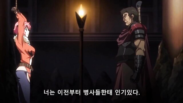 Anime girl bound by wrists, facing muscular man in fantasy armor