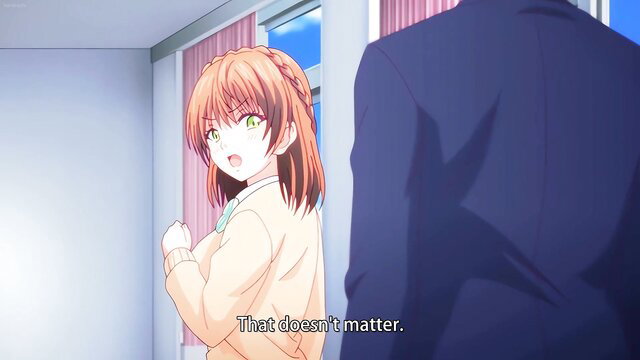 Anime hentai schoolgirl with orange hair blushes at man in suit