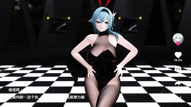 Blue-haired anime bunny girl in sheer black bodysuit, seductive pose