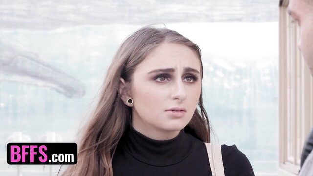 Brunette BFF in turtleneck looks sad by aquarium in freeuse foursome tease