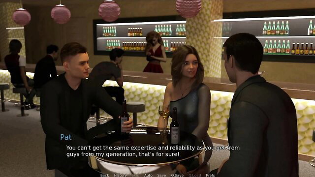 Hot young brunette chats with guys at bar in swinger club scene