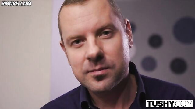 Bald man closeup from Tushy anal scene with Evelina Darling