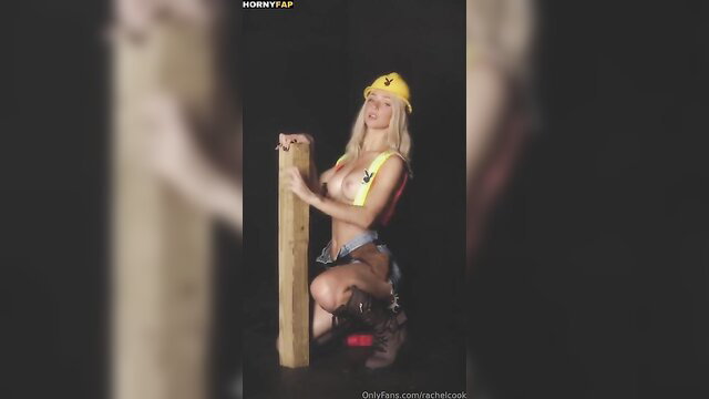 Rachel Cook nude construction worker cosplay striptease with huge wood post