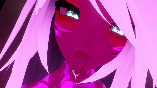 Pink-haired anime hentai girl with glowing eyes licks lips seductively