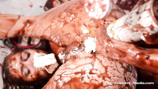 Messy pie-covered girl in extreme food fetish closeup