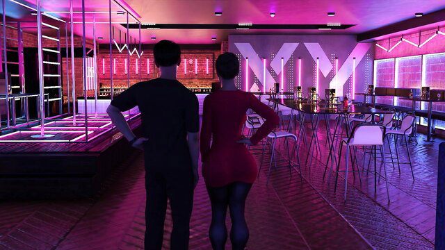 Curvy black mom in tight red dress and guy back view in neon club