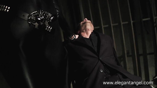 Blonde man in suit bent over black leather with metal harness, Tori Black sodomy scene