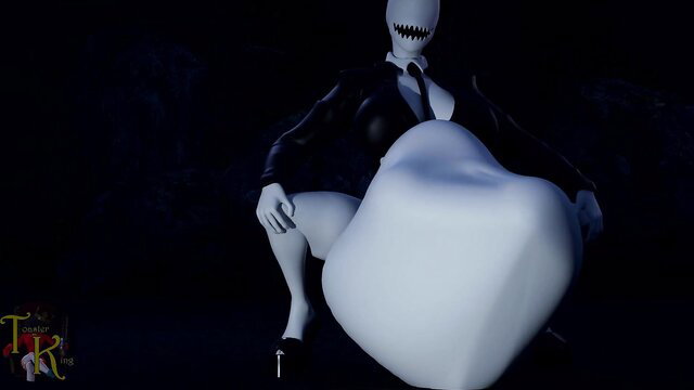 Slender mask woman in suit with massive tits squatting seductively