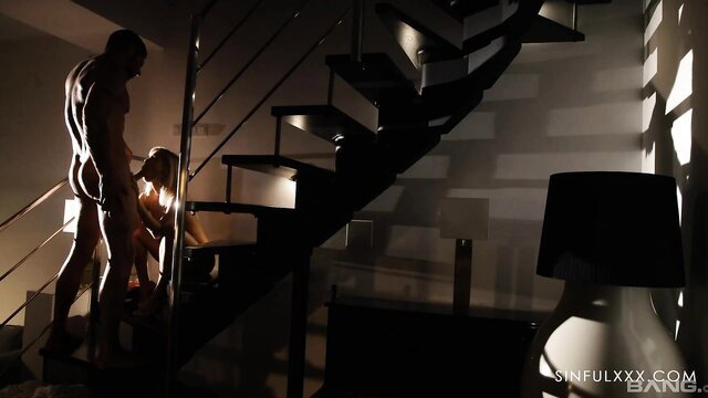 Candee Licious sucks Jay Snake's cock on stairs in hot couple scene