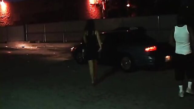 Sexy black slut in short dress walks with black guy by car at night