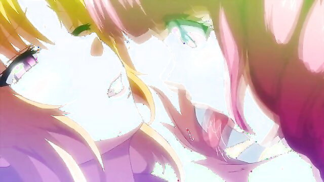 Anime girls Utea close-up kiss, pink and blonde hair, intense green eyes