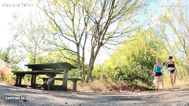 GentlyPerv in park with two hot chicks in bikinis walking by picnic table