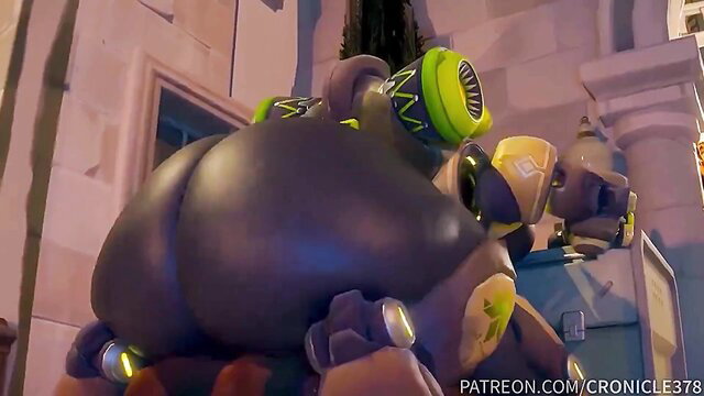 Mini Orisa thick black ass closeup in skimpy green armor cosplay