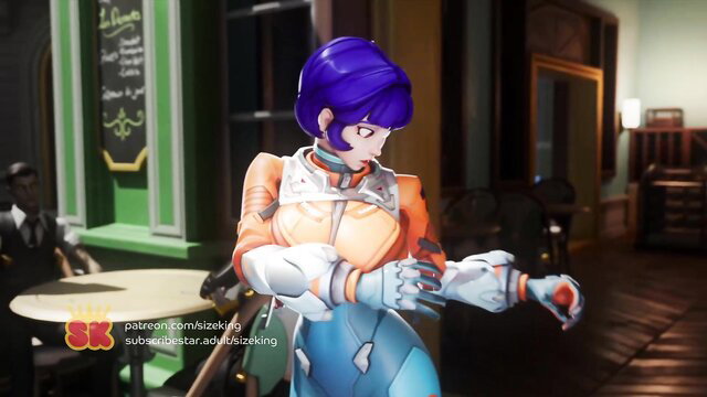 Purple-haired Overwatch babe in tight orange bodysuit, big tits tease