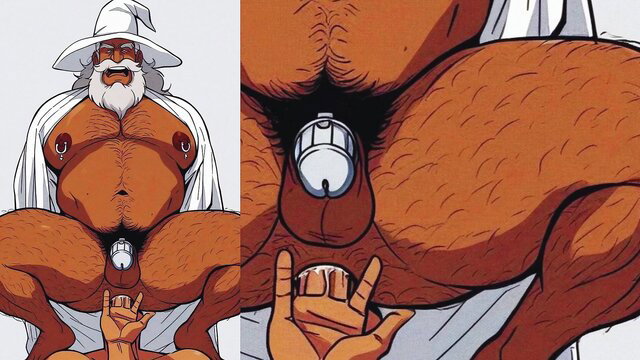 Elder wizard hairy bear in chastity cage, anime hentai gay thumbnail