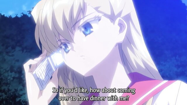 Blonde anime girl in school uniform on phone, inviting to dinner