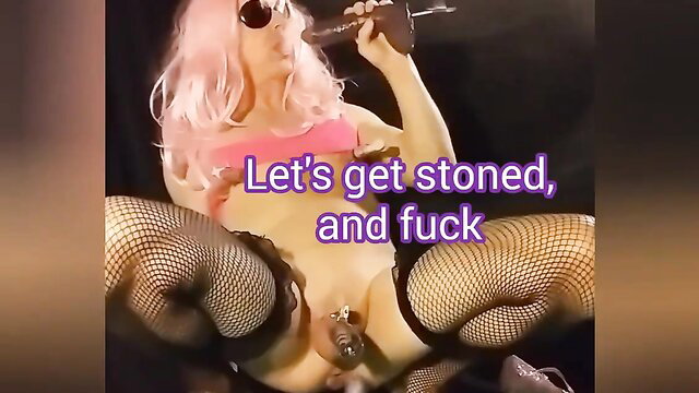 Pink-haired sissy in fishnets rides cock in humiliation hypno video