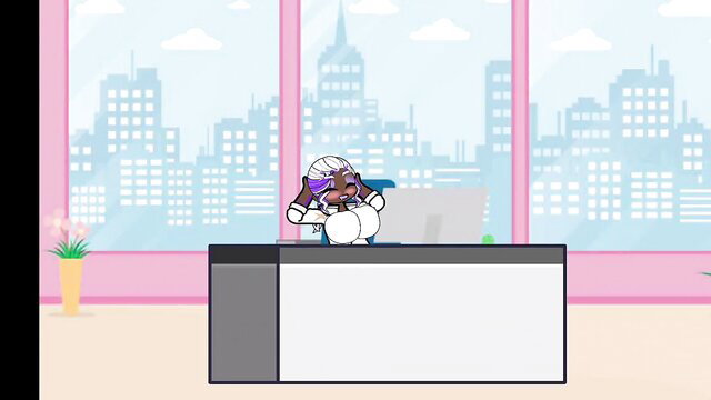 Thicc furry office girl with huge ass sits at desk in tight white bodysuit